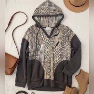 Cozy Aztec-Print Hooded Long Sleeve Top - Gray/Taupe